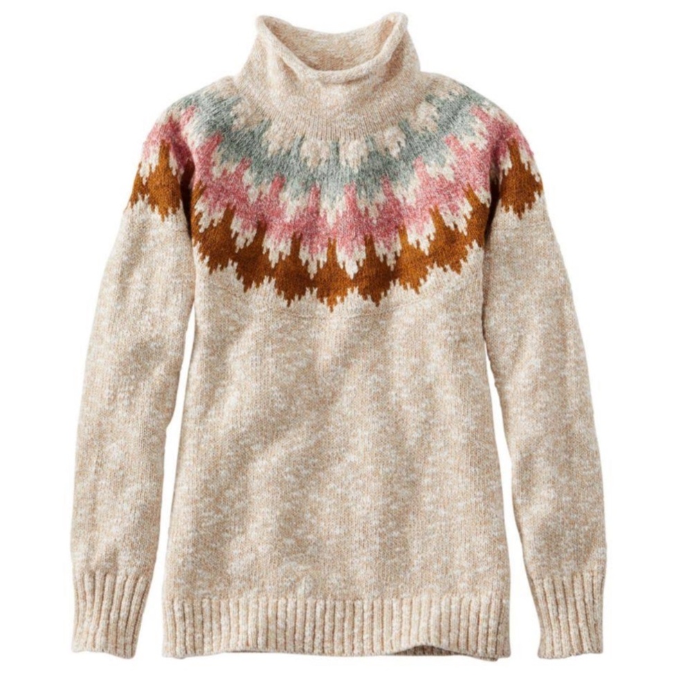 L.L. Bean Women's Cotton Ragg Sweater Funnelneck Pullover Fair Isle